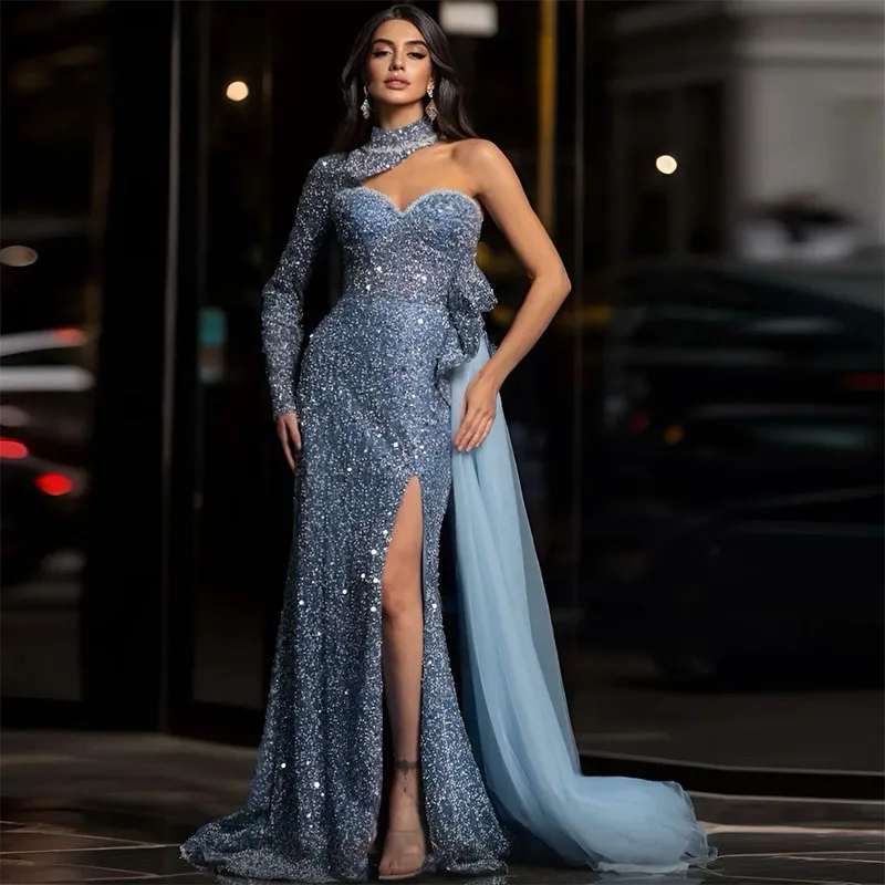 

Sparking One Shoulder Mermaid Evening Dresses 2024 Sequin Side Split Evening Gown Tulle Overskirt Arabic Dubai Robe De Soiree