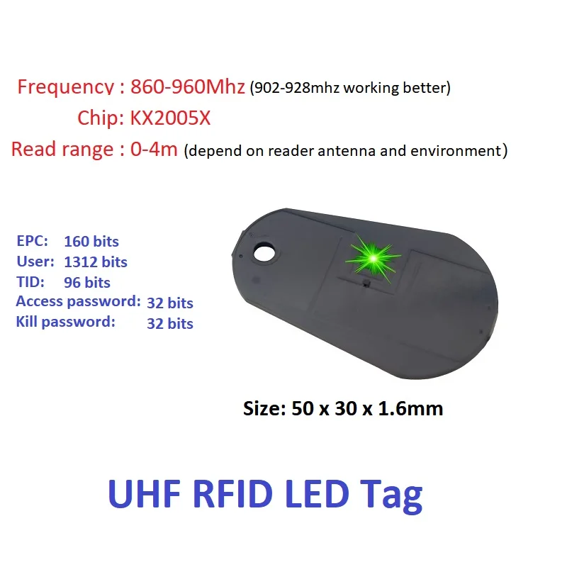 מחוון LED UHF RFID תג 860-960MHz טווח קריאה של 0-4 מטרים אידיאלי למחזיקי מפתחות, מעקב אחר נכסים, ספרים, רכבים, פריט אישי