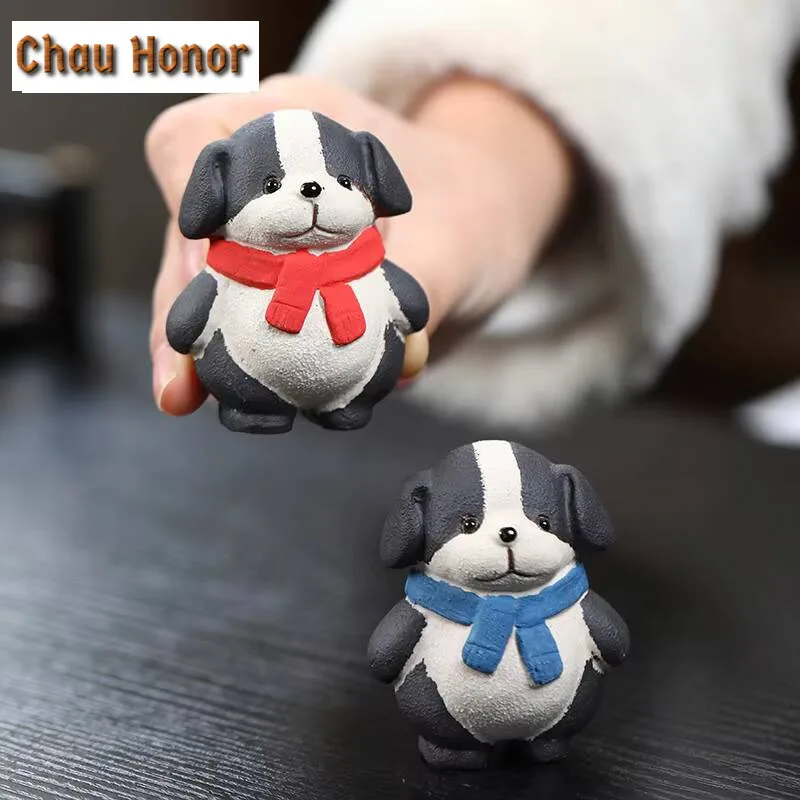 Fortune Border Collie Puppy Tea Pet Boutique Wangcai Purple Clay Tea Play Figurine Toys Raise Cute Zodiac Dog Sculpture Crafts
