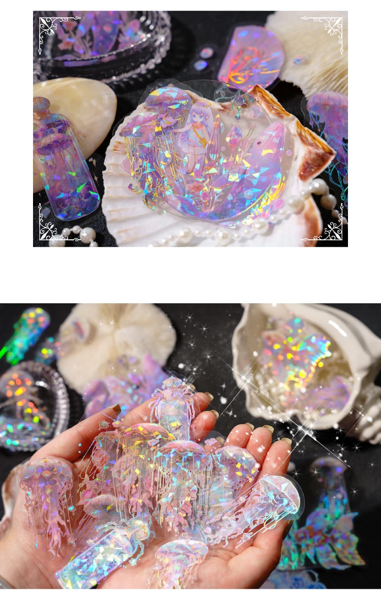 20 pcs Laser sticker package jellyfish series Dreamlike watercolor jellyfish ocean hand tent DIY decorative collage material