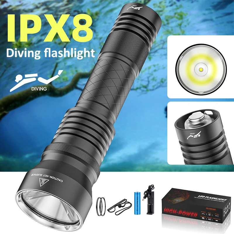 LED Dive Light Scuba Dive Flashlight Super Bright L2 LED Underwater Flashlights for Diving Waterproof Submersible Flashlight