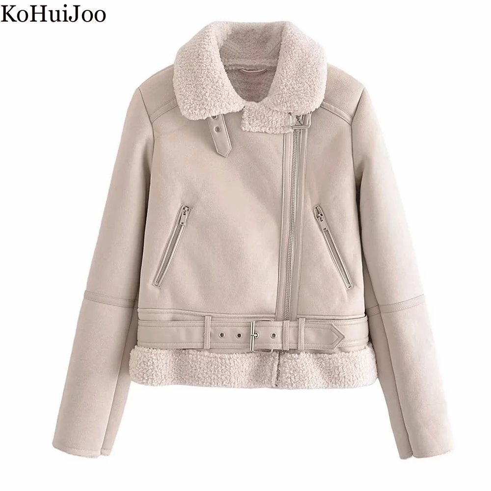 

KoHuiJoo Short Winter Lamb Coat Women 2023 Autumn Zipper Casual Solid Belted Velvet Shearling Jackets Warm Outwear