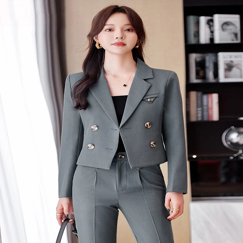 Blue Suit Women 2024 New Spring High End Fashion Temperament Professional Short Blazer And Pants Sets Office Ladies Work Wear