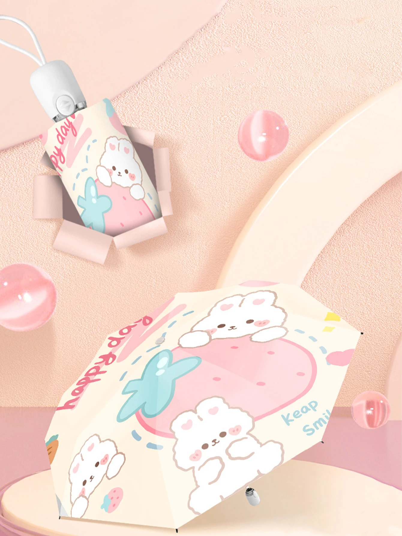 Sun Umbrella Fully Automatic Umbrella Female Pink Rabbit Sunscreen Sun Rain Dual Use Mini Fol