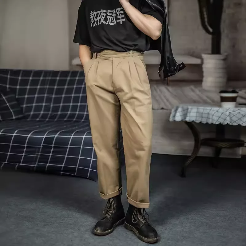 2024 Men's Spring Autumn Vintage Solid Color Casual Pants Male Loose Straight Suit Pant Men Fashion Long Wide-leg Trousers F371