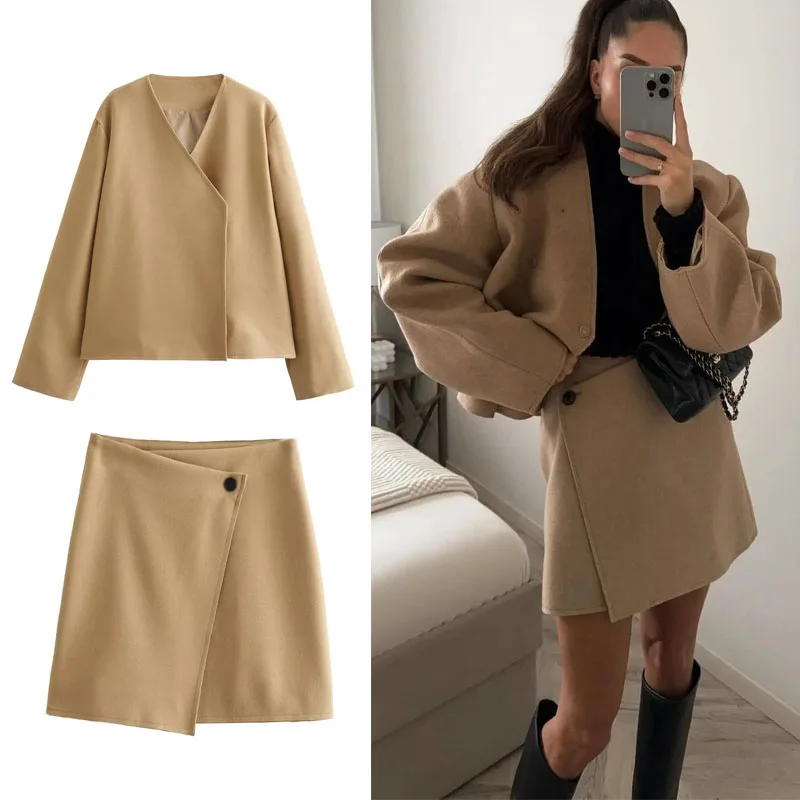 

TRAF Women's Asymmetric Mini Skirts Camel High Waist A-line Short Skirt Autumn Fashion Elegant Female Skirt+Faux Wool Jacket Set