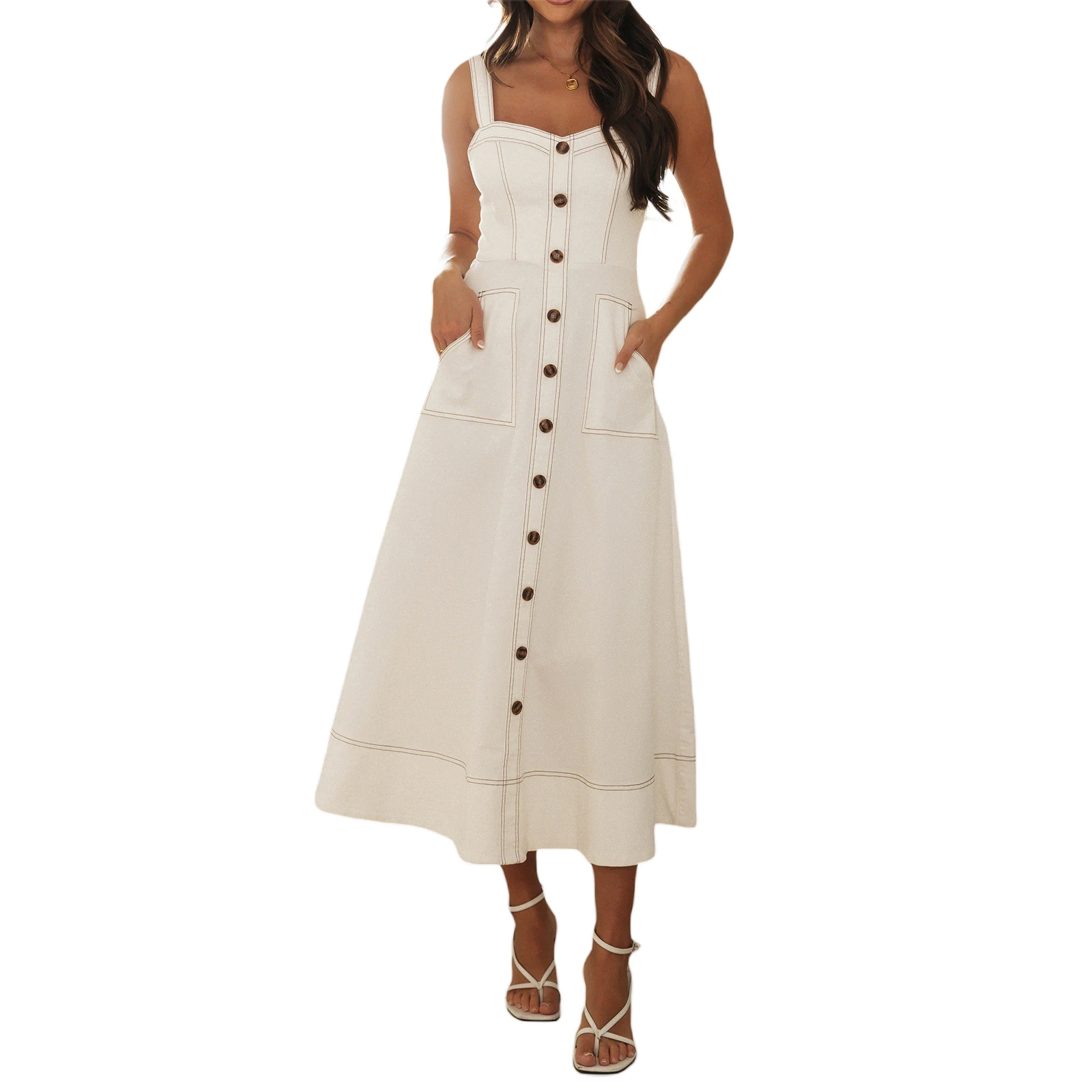 

Musuos Women Summer Denim Dress Casual Vintage Sleeveless Lowcur Square Neck Slim High Waist Flowy Dress with Pockets Streetwear