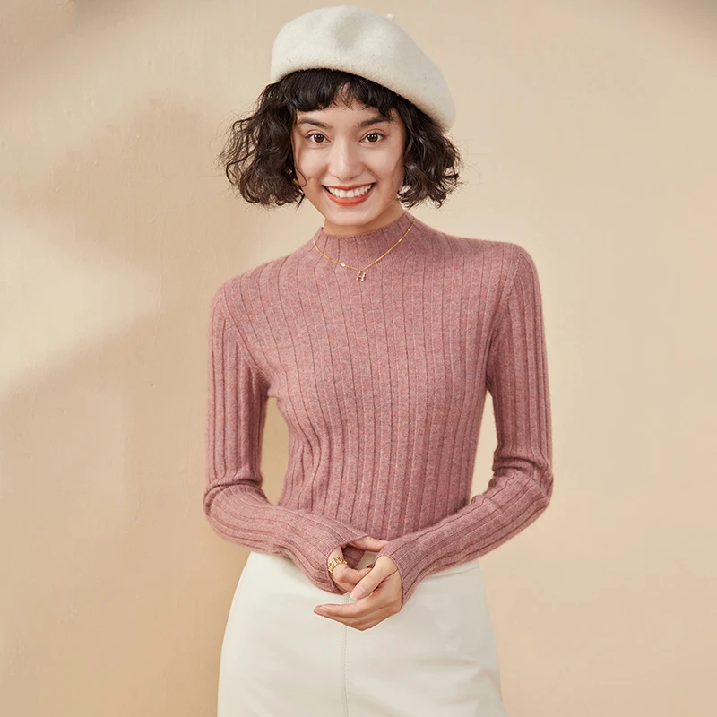 100% cashmere sweater women's semi high neck knitted women's pullover sweater slim fit solid color hot selling women's top 6