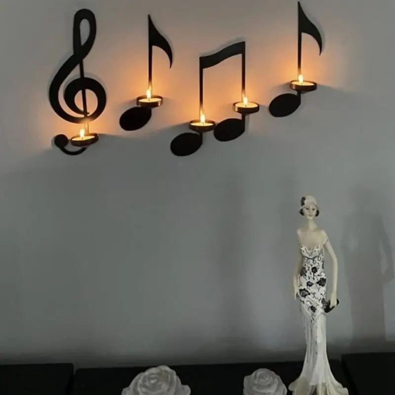 Nota música ferro castiçal, vela cremalheira decorações, chá luz, símbolo musical, casa, escritório, sala de aula, decoração da parede, 4 pcs