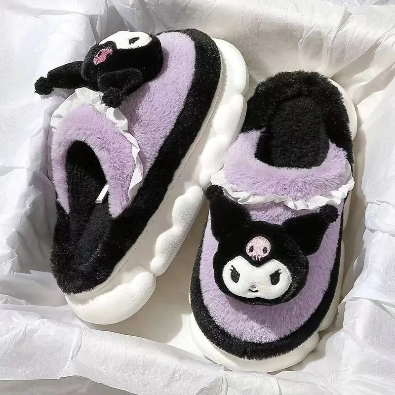 KAwaii KT Kuromi My Melody Home Lazy Slippers Cartoon Yk2 Women's Winter Plush Anti slip Slippers Comfortable Thick soled Shoes 5