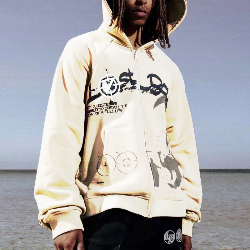 

American Vintage Clothes Sweatshirt Punk Sport Loose Coat Anime Print Gothic Streetwear Long Sleeve Zip Hoodie Korean Fashion