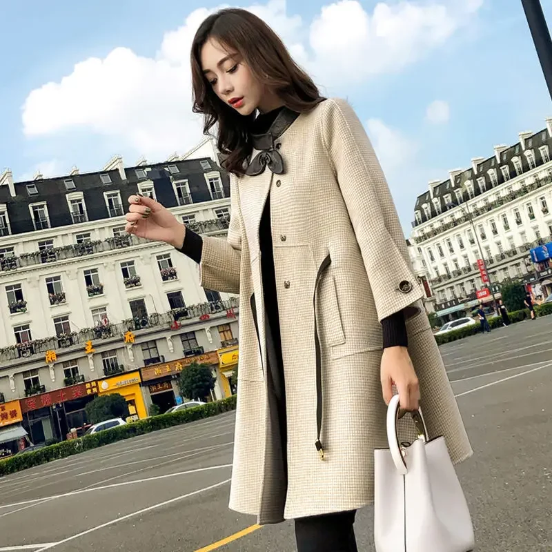 

Woolen Coat Women's Mid-length Korean Version of The New Popular Cloak A-line Ins Houndstooth Woolen Coat Women Trendy