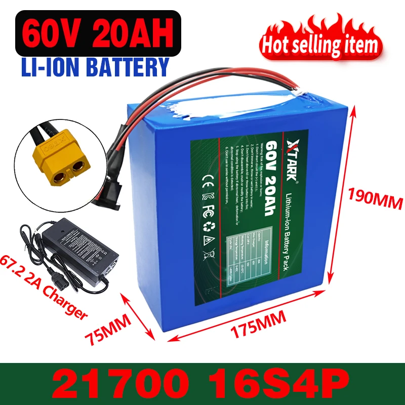 

60V 20A Electric Bike 21700 Battery For Scooter Motorcycle 67.2V 16S4P 3000W XT60 Rechargeable Battery With Same Port BMS+Charge