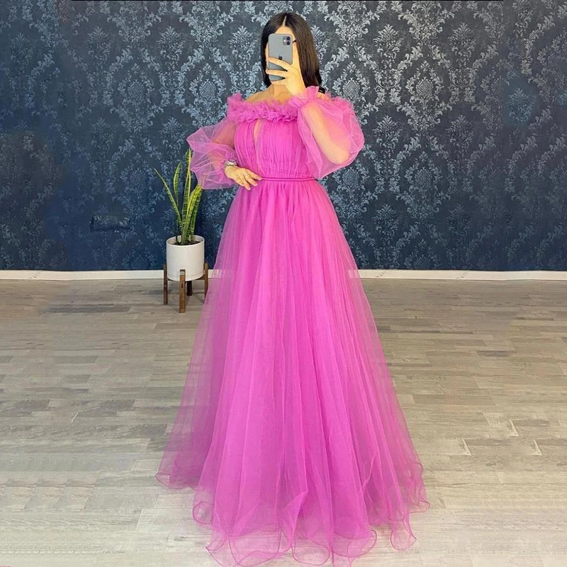 

Elegant Red فساتين السهرة Off Shoulder Long Sleeved Prom Dress Tull Strapless A-line Party Dresses Multilayer Vestidos De Noche