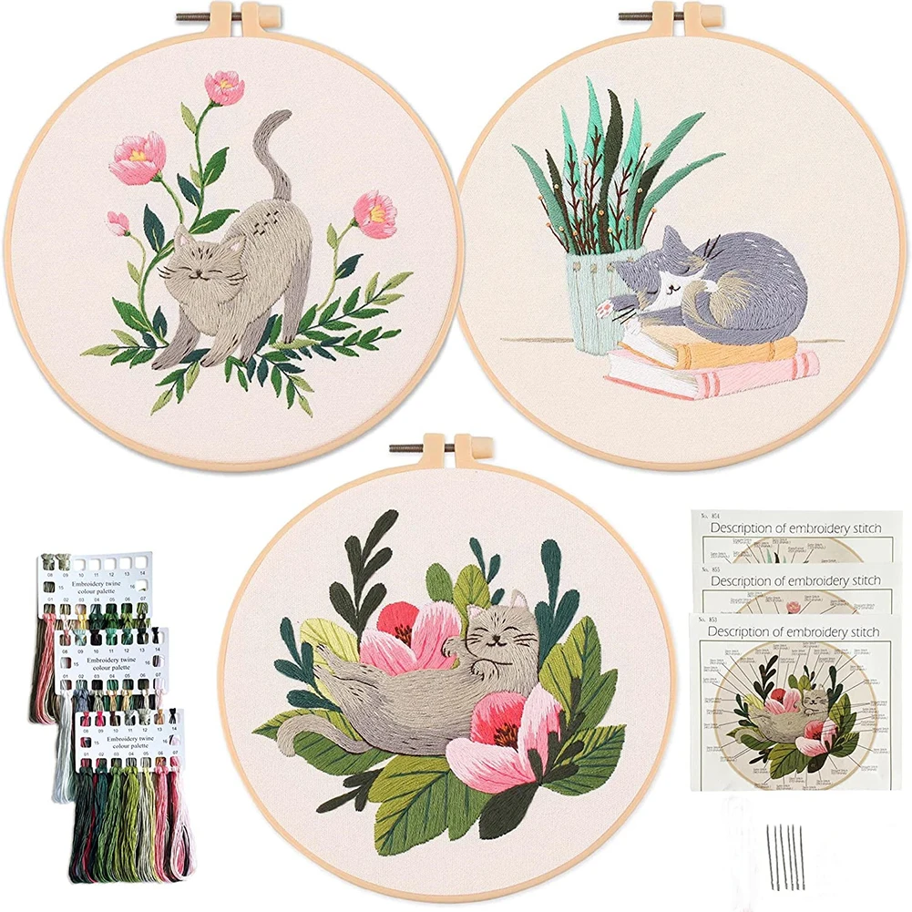 Diy Cat Embroidery Starter Kit With Embroidery Hoops Threads Needles Cross Stitch Kits For Beginners
