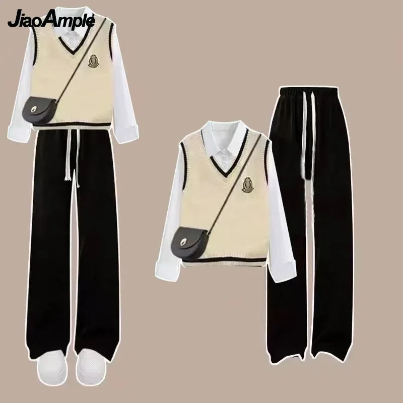 2024 Spring Korean Elegant Long Sleeved Shirt+Knitted Vest+Denim Pants 3 Piece Women Loose New In Matching Set Female Tracksuit