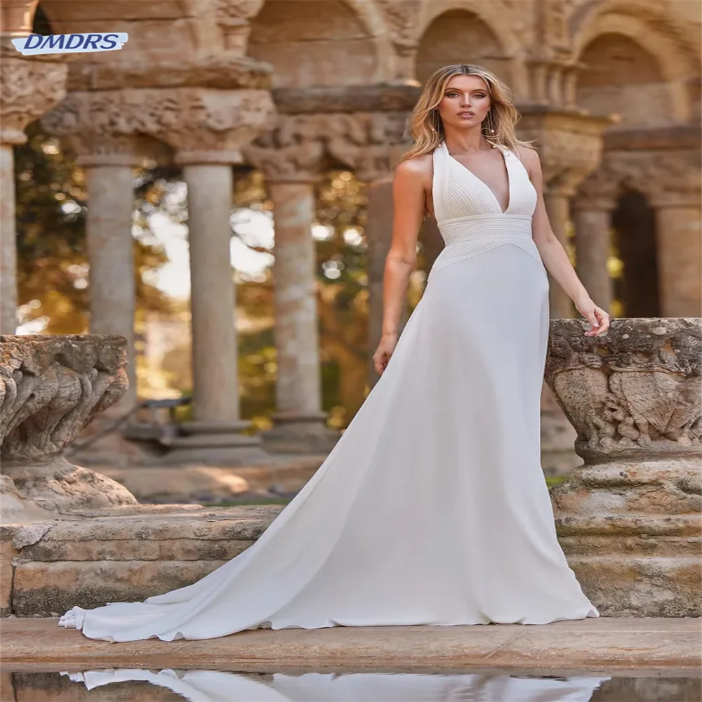 

Simple Deep V-neck Mermaid Wedding Dress Pastrol Floor-length Halter Bridal Gown Elegant Vestidos De Novia