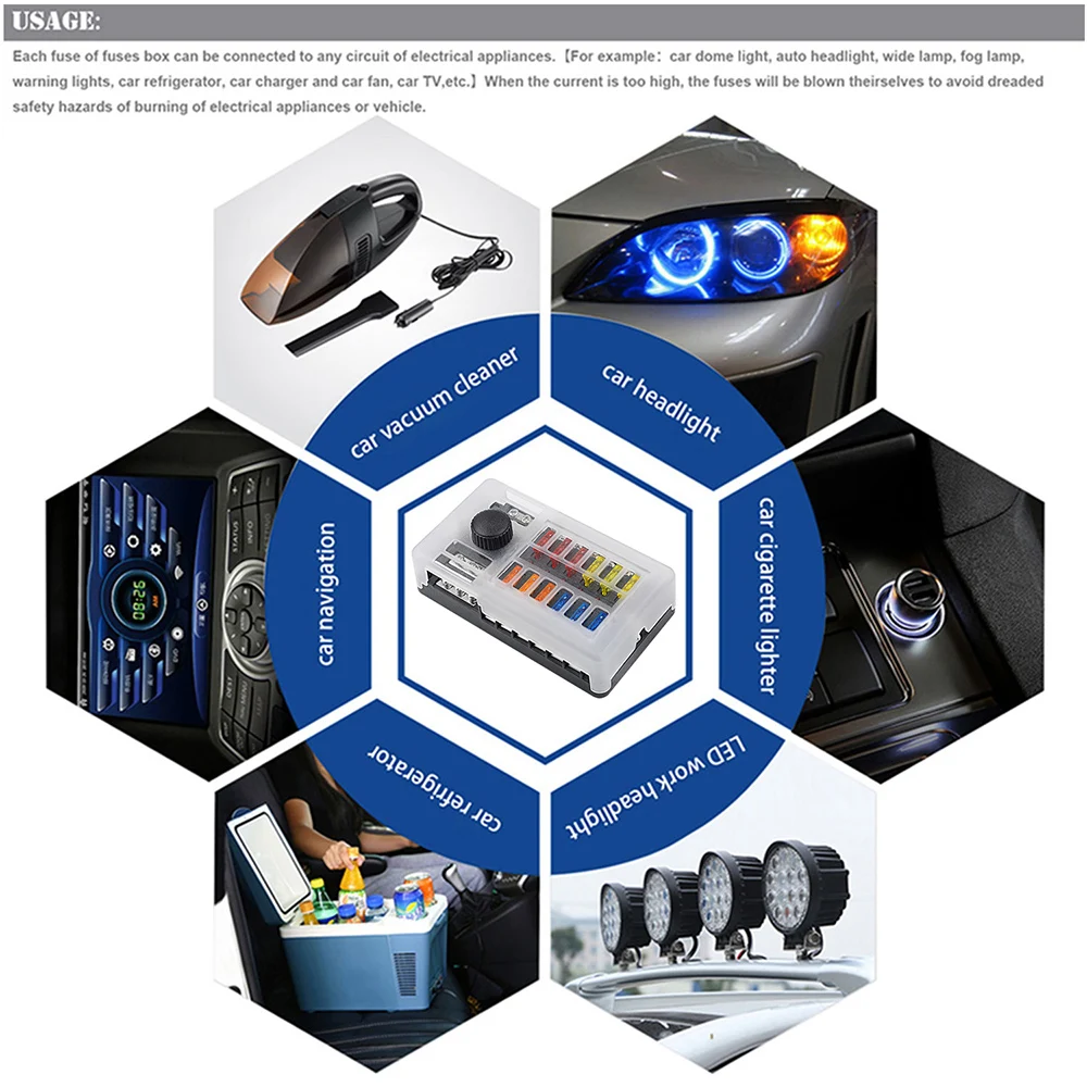 EARU Car boat fuse box bracket Tools small black cap independent positive and negative poles 12 in and 12 out fuse box with LED - Image 5