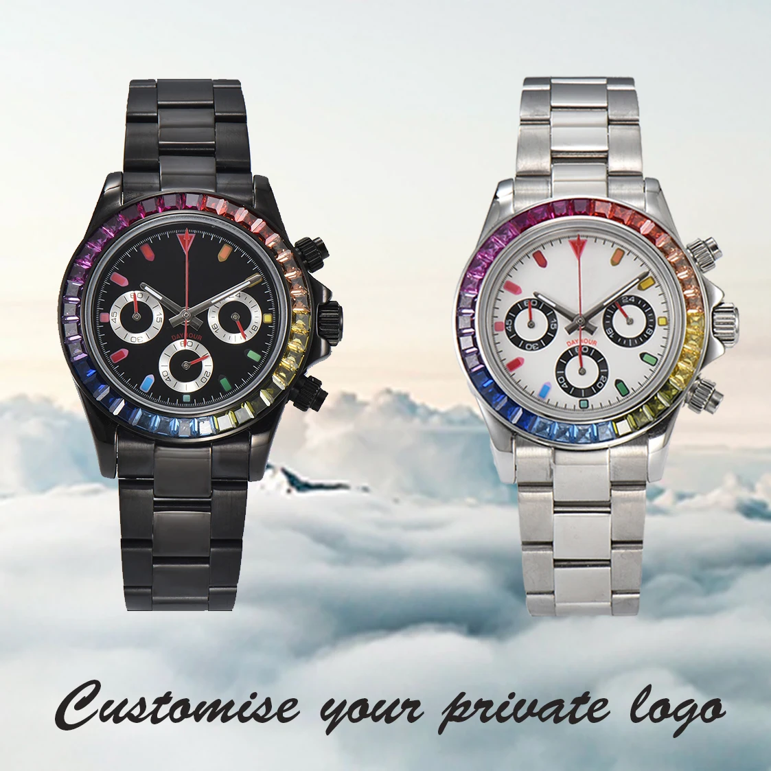 

Modified VK63 Colourful Diamonds Gemstone Watch Top Men's Sport Panda 3-Eye Quartz Watch, Sapphire 316 Steel,Customizable LOGO