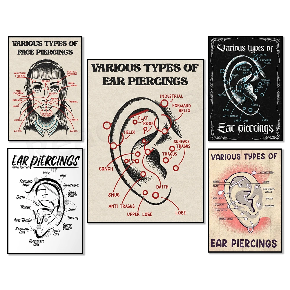 Různý typů z pleťový piercing, ucho piercing, piercing plakát, infographic, reflexologie ucho schéma plátna tisk