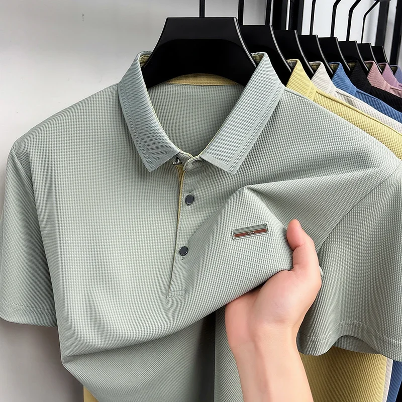 Polo da Uomo Casual da Ufficio a Maniche Corte, in Jacquard a Nido d'Ape Traspirante, con Due Bottoni in Metallo, per Lavoro e Uso Quotidiano - immagine 5
