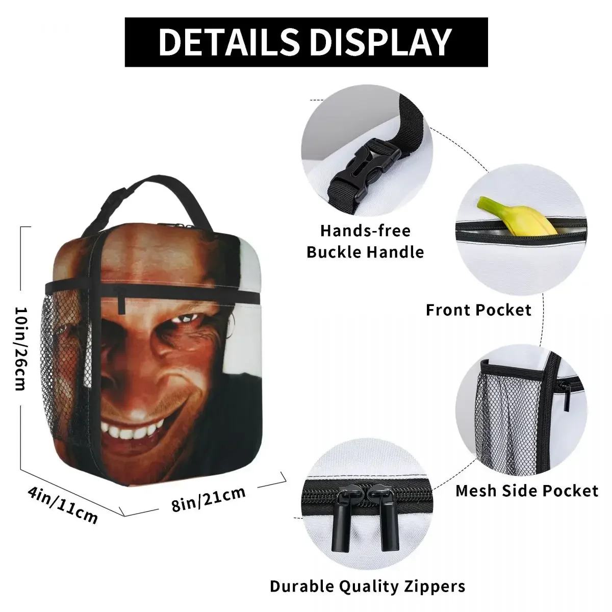 Aphex Twin Face Thermal Insulated Lunch Bag for Picnic Reusable Food Bag Container Cooler Thermal Lunch Box