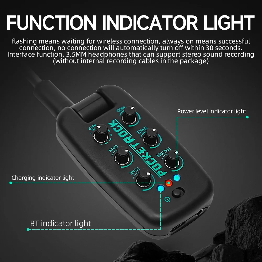 Pocket Rock Headphone Amplifier Guitar Bass Effects Portable Rechargeable Plug-In Amp Built-in 9 Different Amplifier Tones