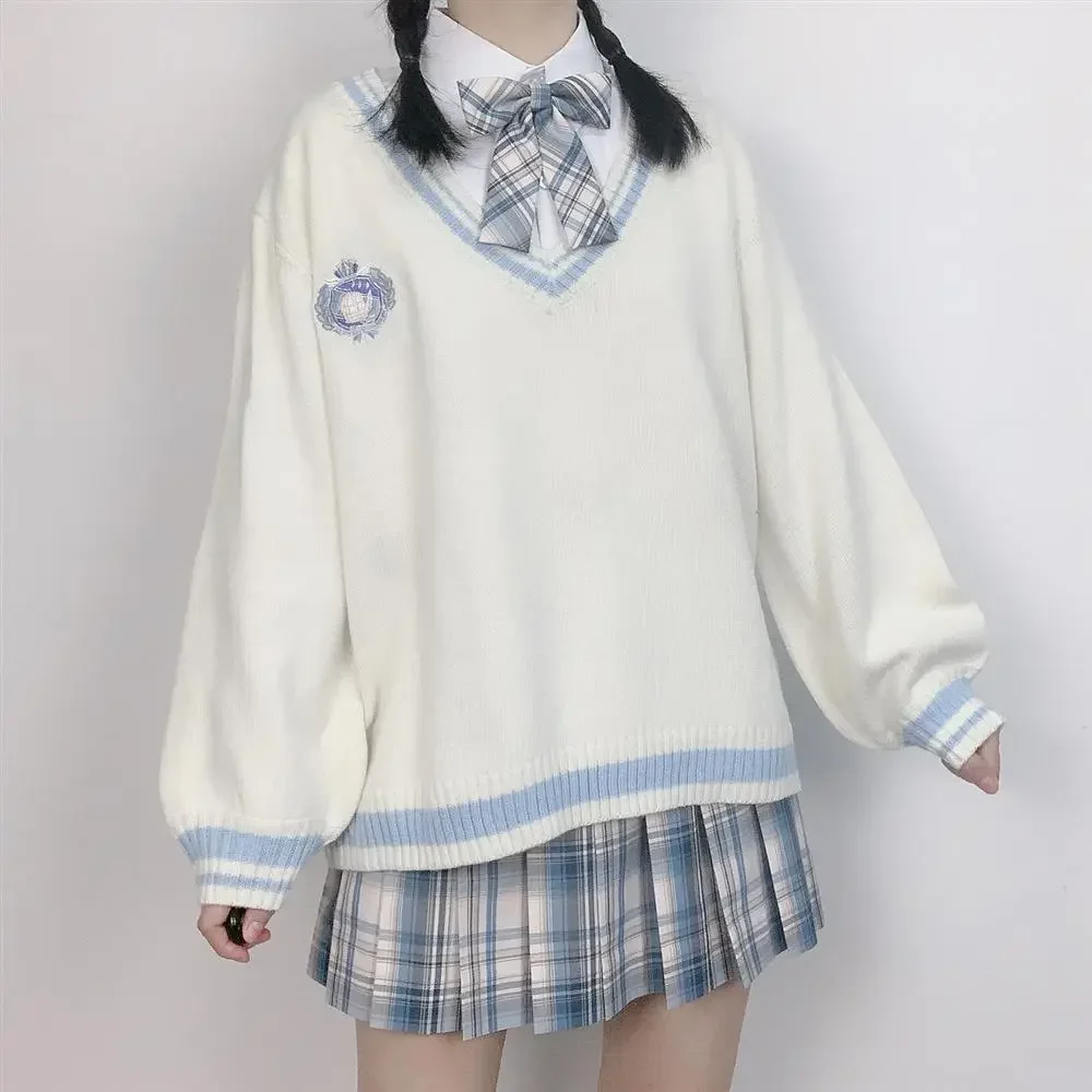 

Korean Sweater V-neck College Uniform Knitted Pullover Sweet Style Female Japanese Uniform Tops Loose School Outwear Student