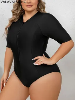 2026 Solid Plus Size Swimwear Women Short Sleeve Large One Piece Swimsuit Lady Brazilian Big Swimwear Curvy Chubby Bathing Suit