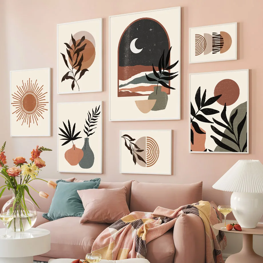 

Boho Brown Beige Abstract Geometry Line Leaf Posters And Prints Wall Art Canvas Painting Art Mural Picture For Living Room Decor