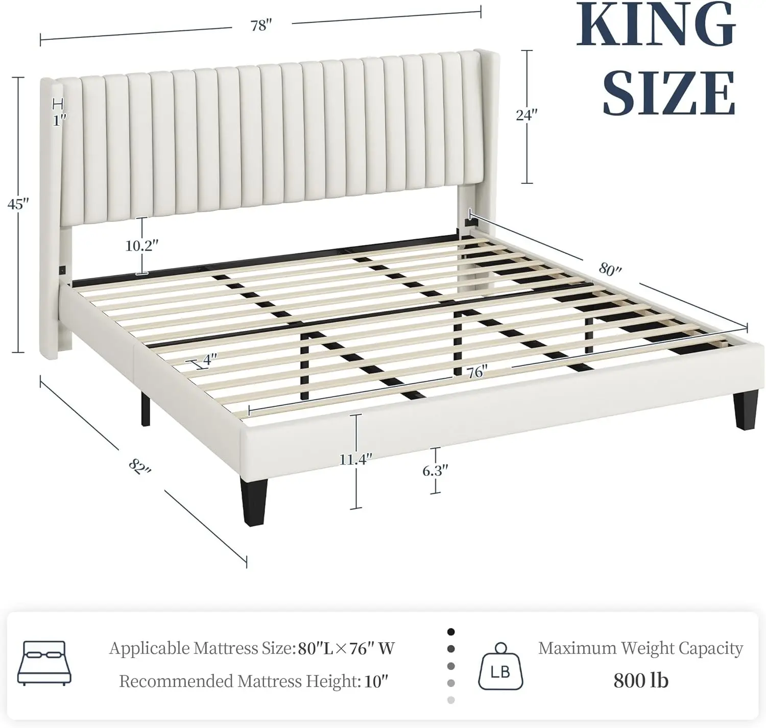 King Bed Frame Upholstered Platform Bed with Fabric Headboard, Wing Edge Design/Non-Slip and Noise-Free/Wooden Slats Support/No