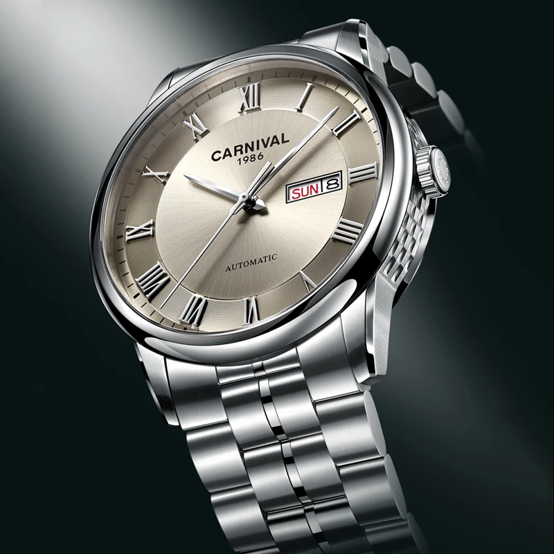 CARNIVAL Watch For Men Luxury Rome Time Automatic Mechanical Watches Gray Dial Date Business Men's Watch  Relogio Masculino