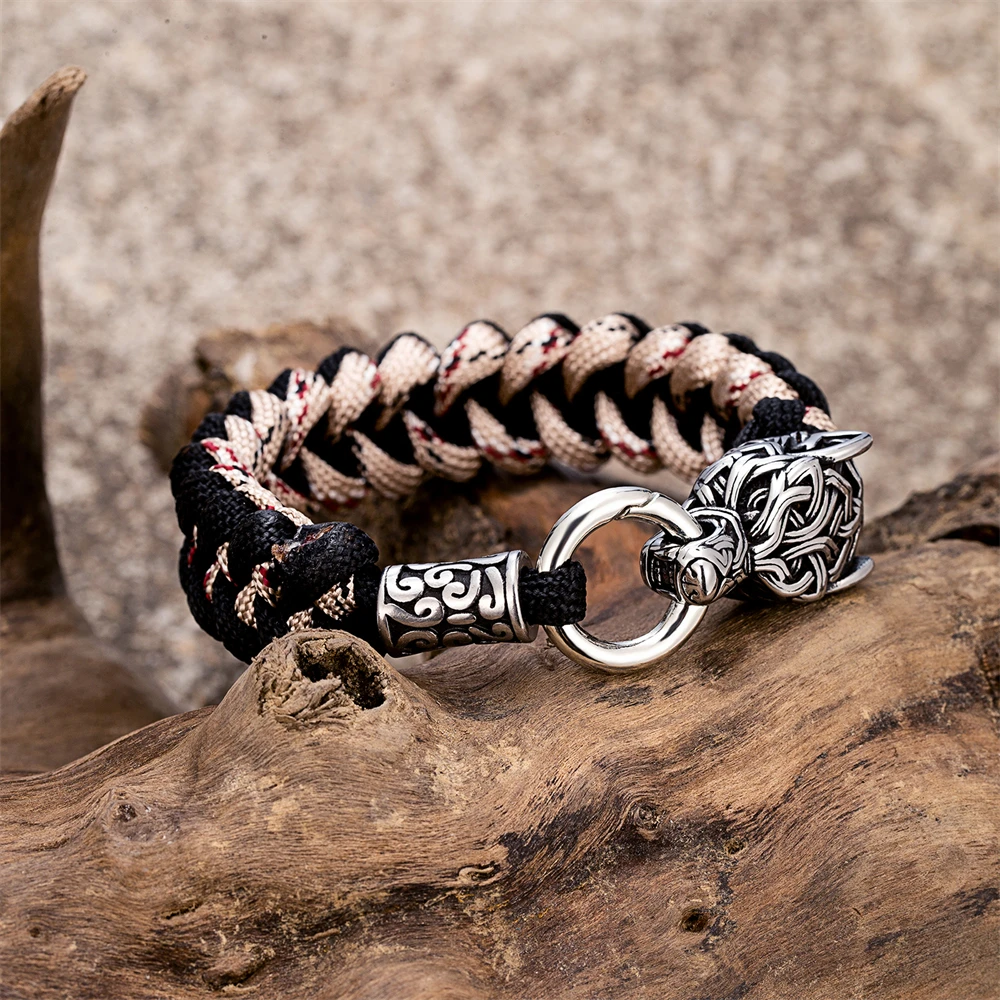 Viking Braided Paracord Bracelet – Stainless Steel Norse Amulet Men's Wristband, Bear Claw Design, 21cm
