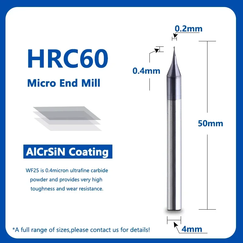 HRC60 마이크로 스퀘어 엔드 밀, TiAIN 마이크로 플랫 4mm 생크 밀링 커터, Mirco 카바이드 CNC 조각 비트, 2 플루트, 0.2-0.9mm, 1PC