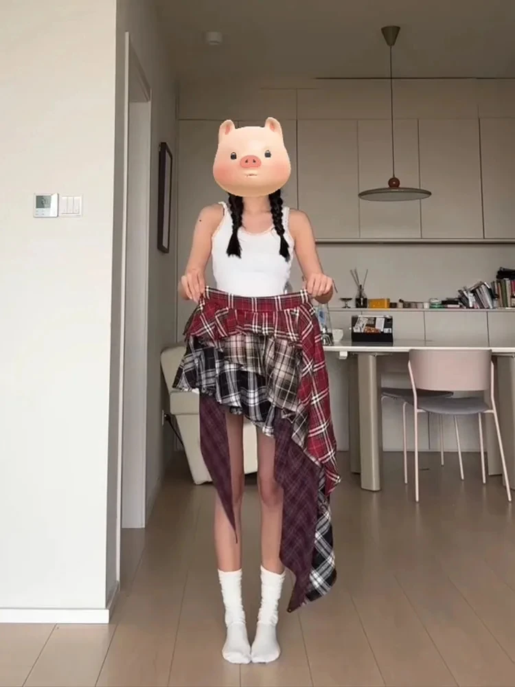 Vintage Fashion High Quality Plaid A-line Skirt Summer Women High Street Sexy Slim Asymmetrical Mini Skirt Coquette Streetwear 3