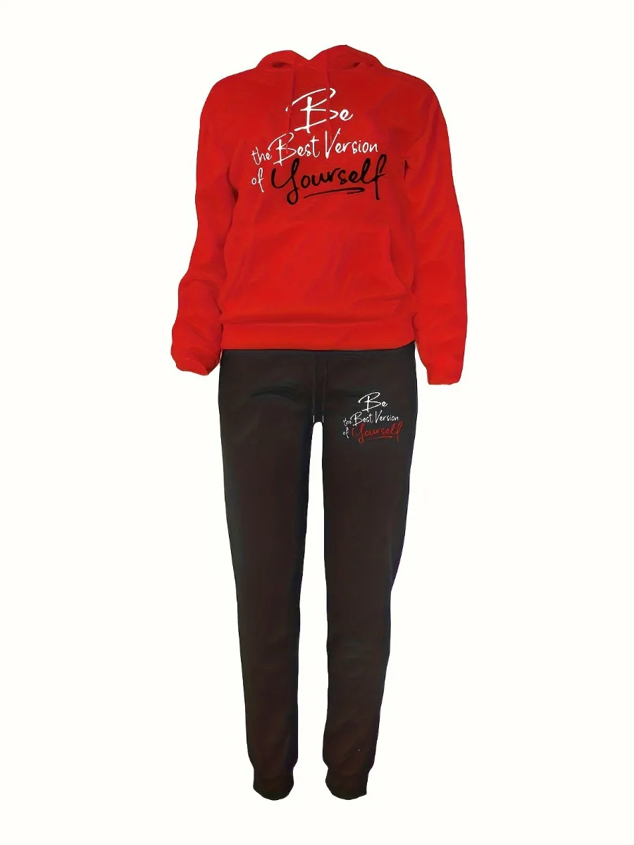 LW Plus Size Two pieces sets Letter Print Kangaroo Pocket Tracksuit Set Autumn winter Tracksuit Outfit Set Women Two Piece Set