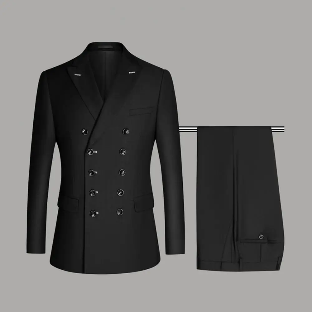 Description Picture 4 of itemSuit Jacket Long Sleeves Lapel Double-breasted Placket Straight Down Hem Business Flip Pockets Men Blazer Pants Business Suit
