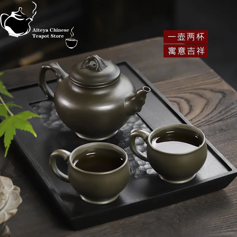 Yixing handmade purple clay teapot, jade, green purple clay, plum blossom, spring, one pot, two cups, Kung Fu tea set, teapot 32