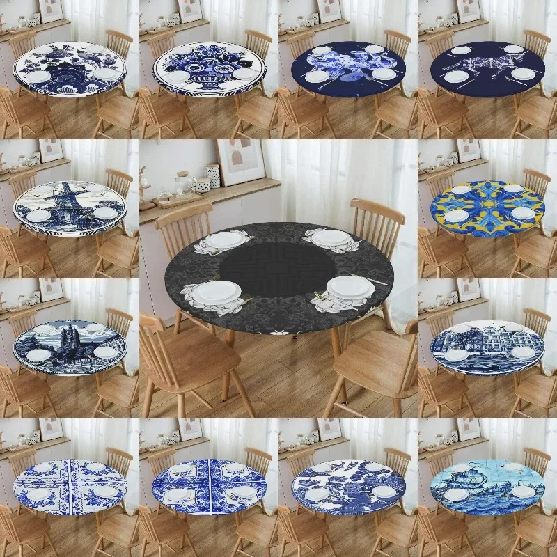 

Antique Bronze Lotus Chinese Porcelain Tablecloth Round Elastic Waterproof Vintage Paisley Floral Table Cloth Cover for Party