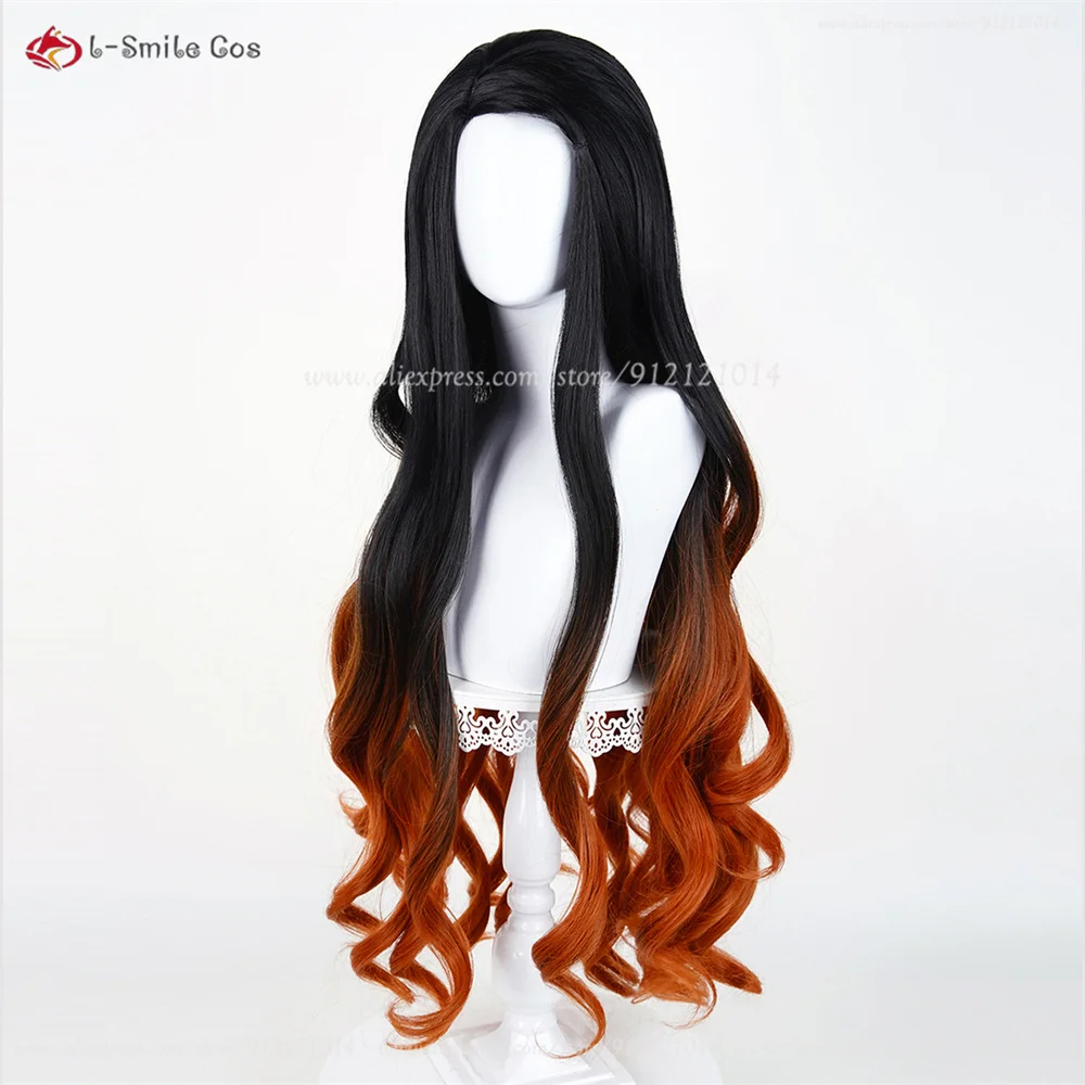 Kamado Nezuko Cosplay Perücke 100cm Gradient Curly Heat Resistant Synthetik Haar Anime Halloween 19