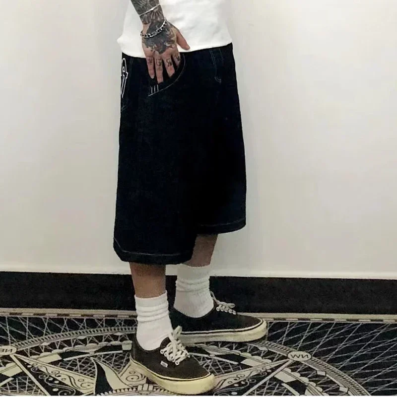 Men and Women's Y2K Embroidered Denim Shorts, Summer Sports American Retro Loose Wide Leg Skateboarding Hip Hop Cropped Pants