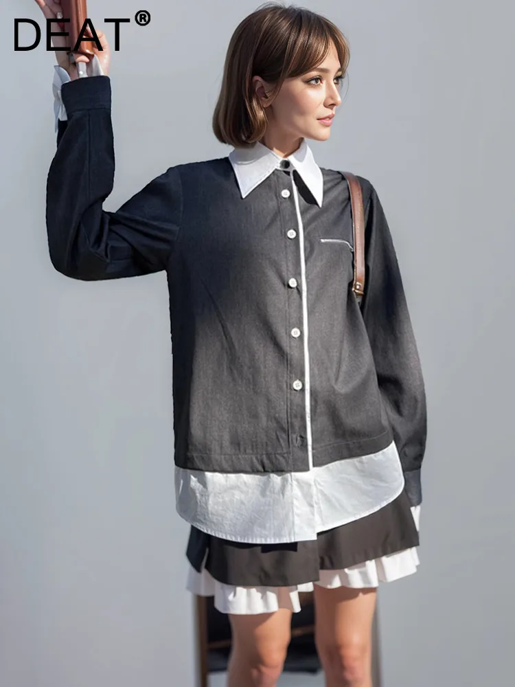 

DEAT Fashion Women Shirt Lapel Contrast Colors Single Braested Long Sleeve Fake Two Piece Blouse Female Spring 2024 New 7AB3747