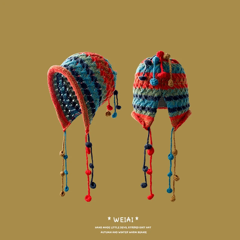 Autumn Acrylic Stripe Print Thicken Knitted Hat Warm Cap Beanie Hat For Girl and Women Versatile Retro Cotton Fisherman
