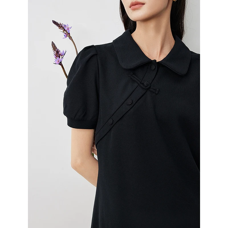 TOYOUTH 여성용 폴로 원피스, 중국 스타일 만다린 칼라, 버프 슬리브, 슬림 웨이스트, 무릎 길이, 캐주얼 원피스, 2024 여름 신상