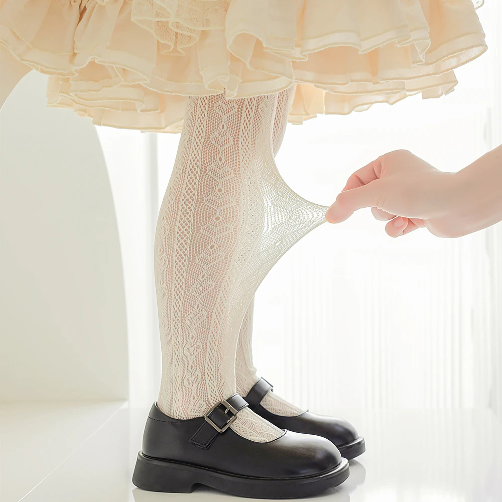 Girls Pantyhose kids pantyhose toddler tights kids leggings 1 Pairs for Summer Cute Kawaii Heart Breathable Hollow Out Baby Tights Beige Lolita Style Student Leggings