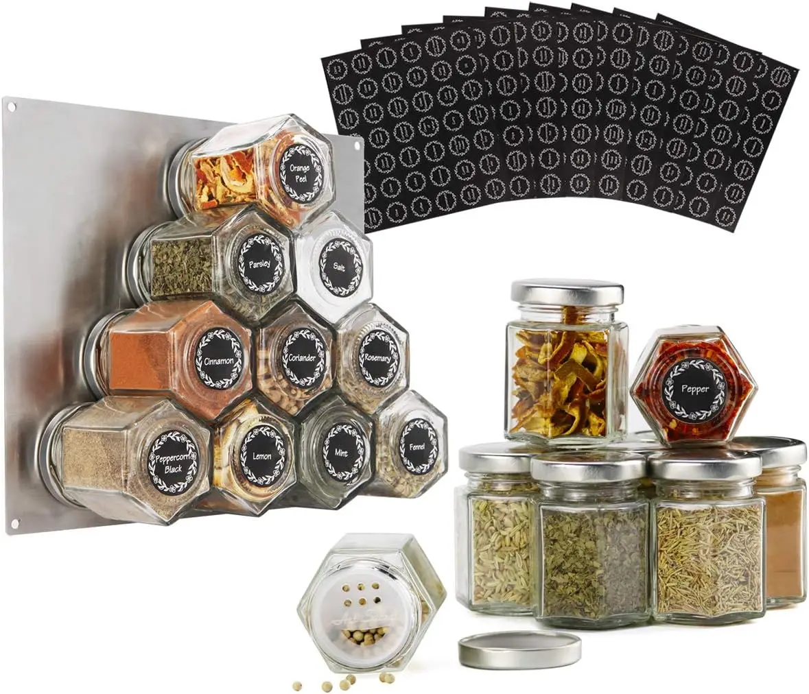 

3oz Spice Jar Hexagon Glass with Shaker Lids and 394pcs Labels Salt grinder Continuous spray bottle Aceitera Sugar jar Glass ja