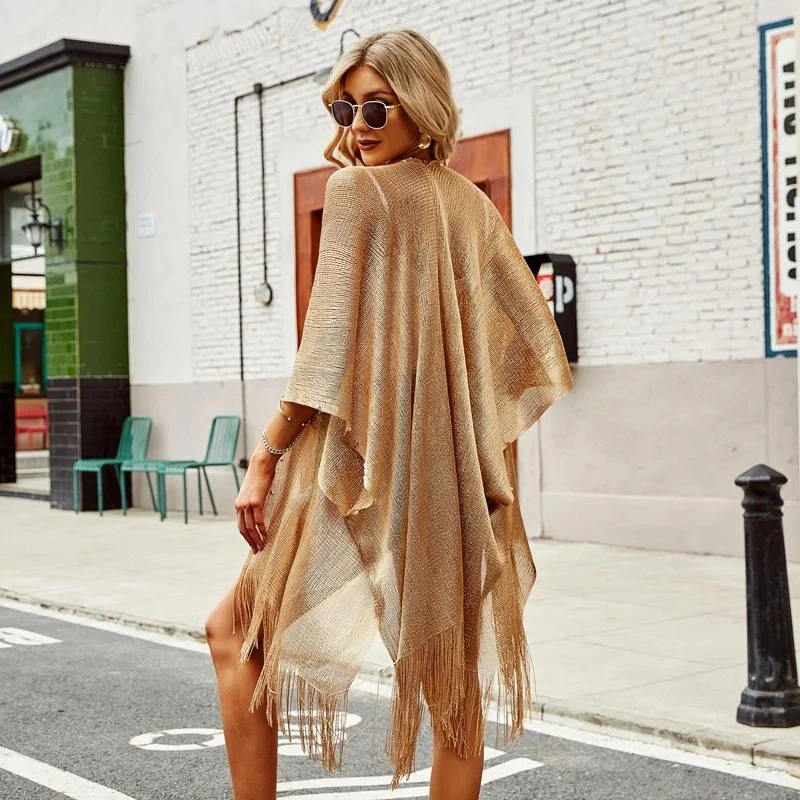 Swimsuit Cover-ups Fashion Tassel Gold Bikini Beach Cover Up Sexy Beach Dress Tunics for Women Summer Wear See Through