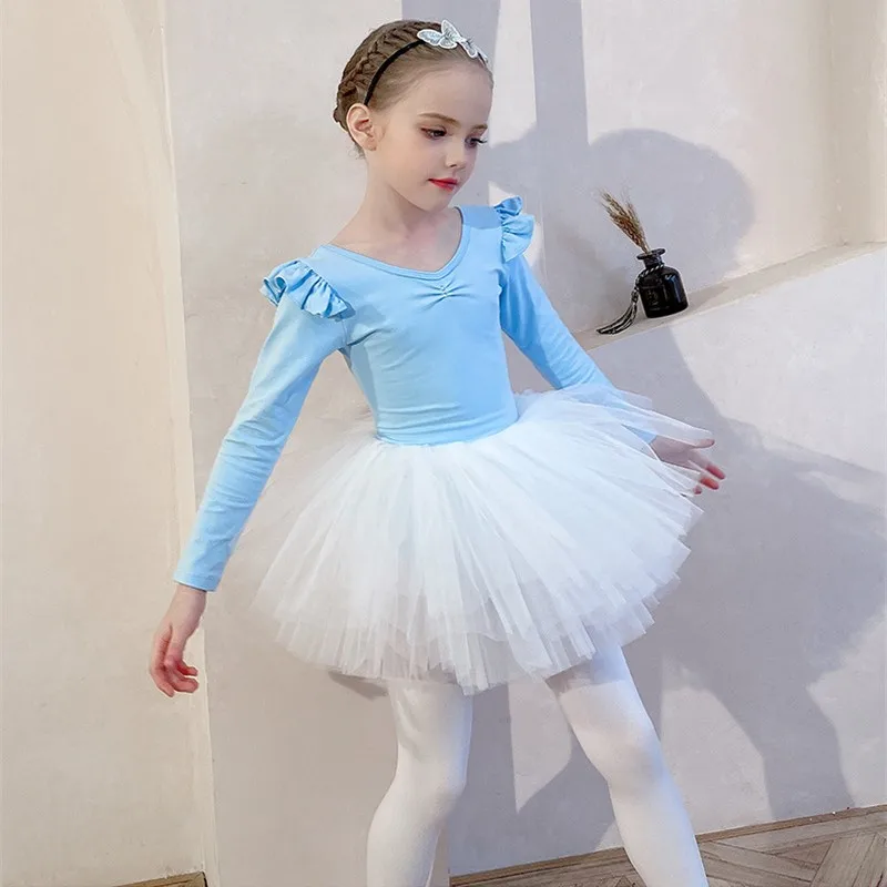 Girls Dance Clothes Kids Training Gauze Skirt Children\'s Ballet Wear Flying Sleeved Stage Performance Dress Solid Autumn Winter