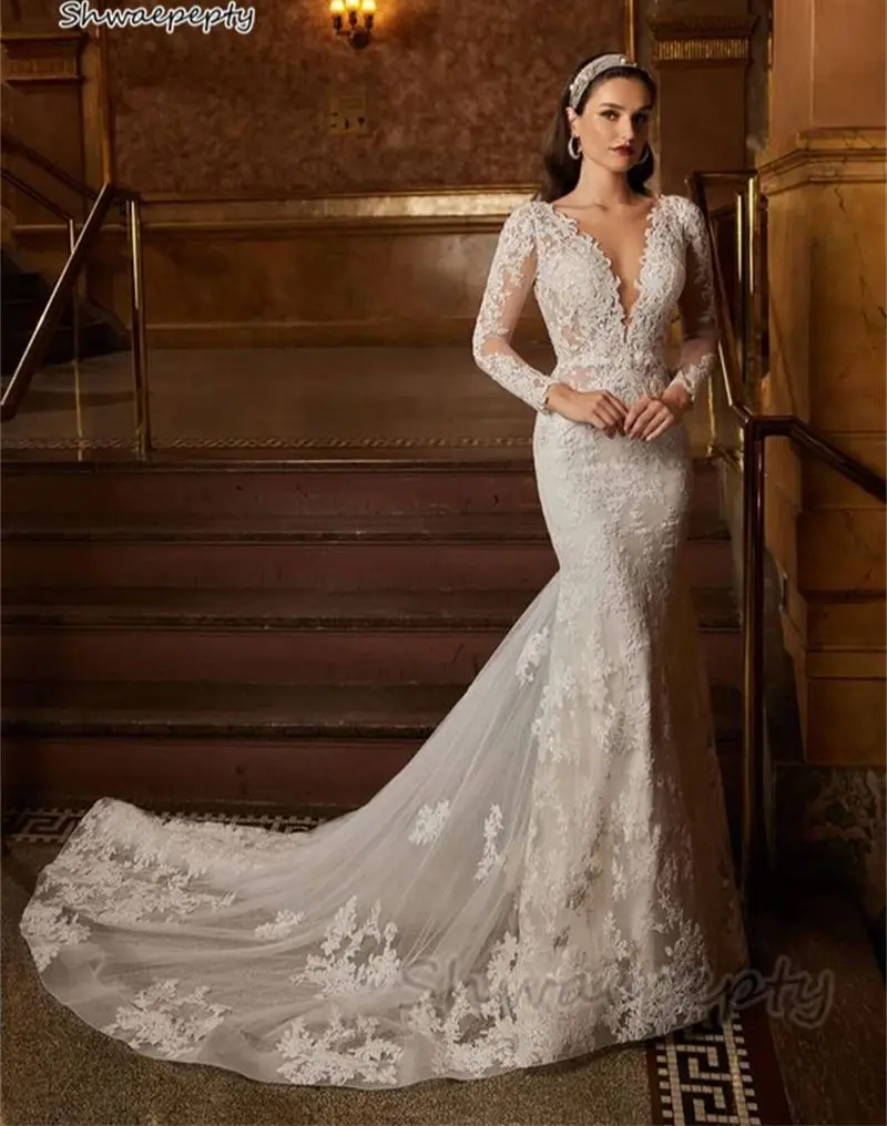 

Long Sleeves Lace Mermaid Wedding Dress Appliques Deep V-Neck Sexy Long Bridal Gowns Ivory Elegant Bride Dresses 2023 Fall