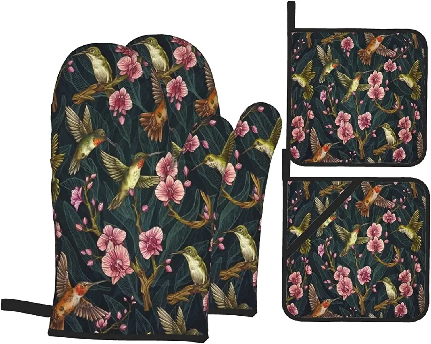 

Hummingbird Flower Oven Mitts and Pot Holders Cute Heat Resistant Kitchen Set Microwave Golves and Hot Pads for Cooking Baking